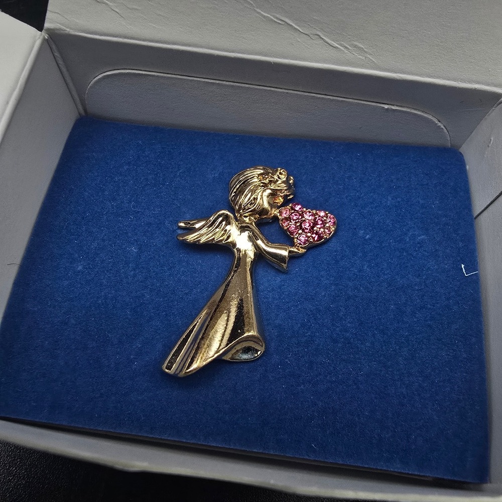 Avon With All My Heart Angel Pin Pink Rhinestones Gold Tone NIB In Box